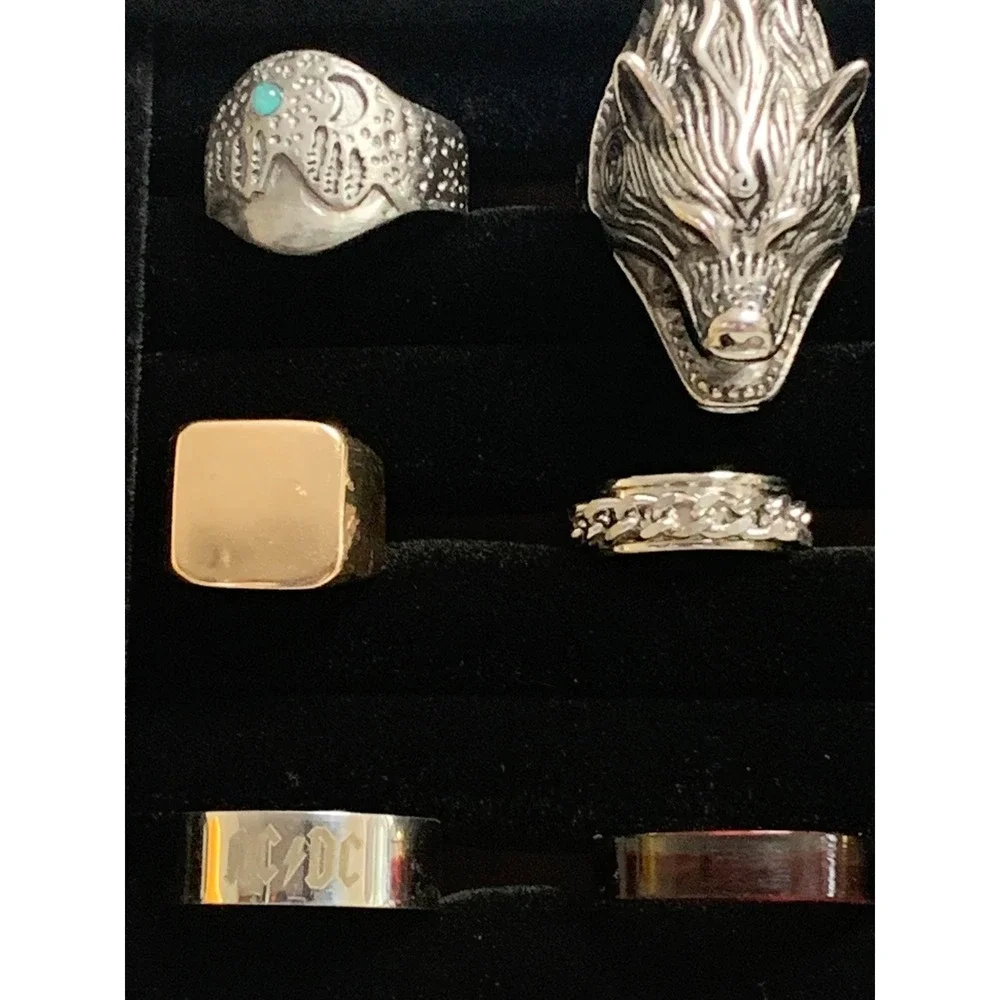 Lot of 20 Mens Rings with Tray Wolf AC/DC Wrench Band Gold Silver Black Tones